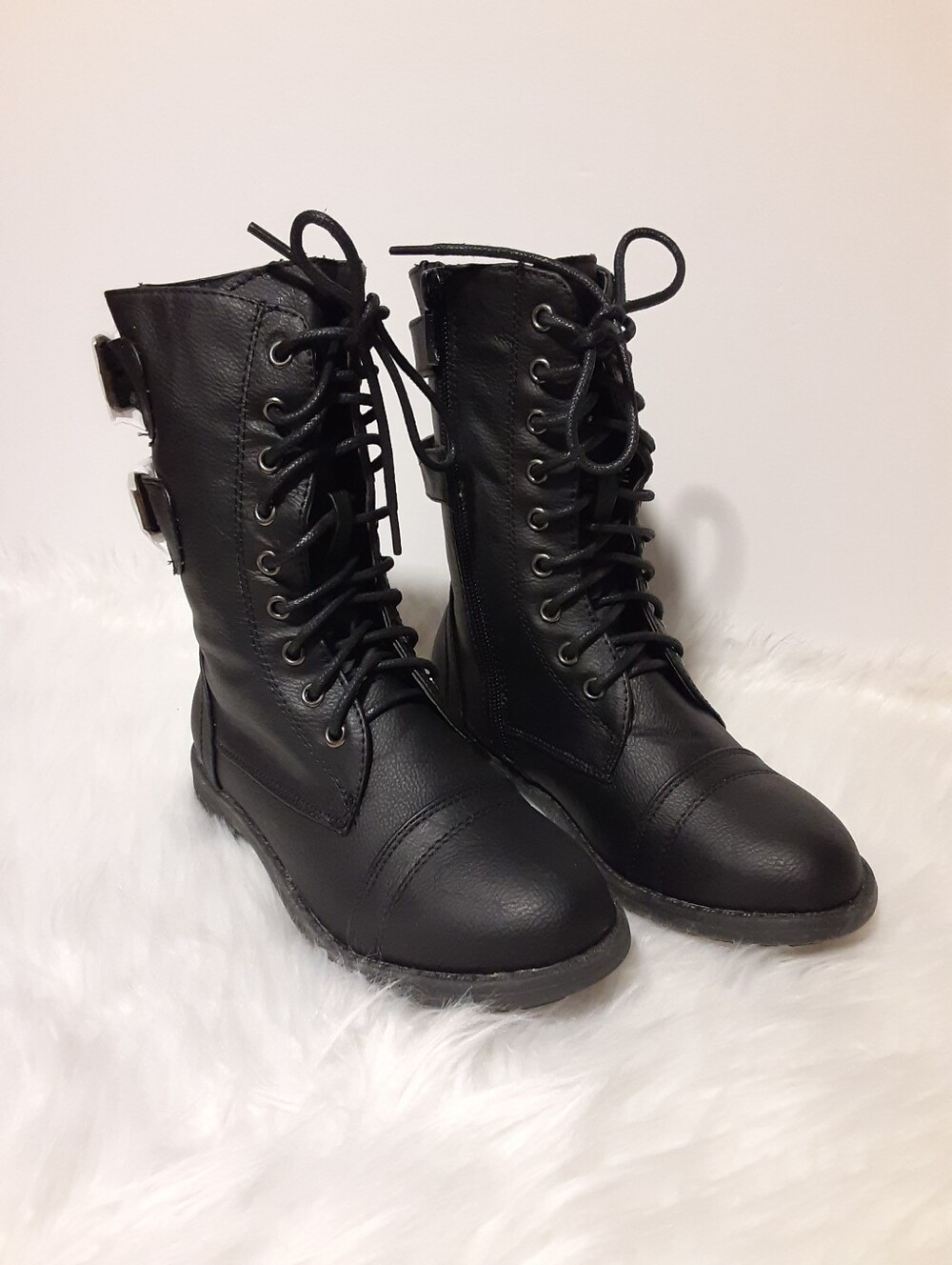 Girls Combat Military Lace Up Zip Boots Faux Leather Mid Calf Lucky Top NEW